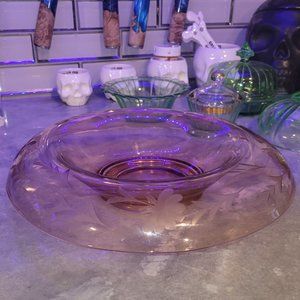 Pink Depression Glass Floral Etched Rolled Console Bowl #1, 12 inch